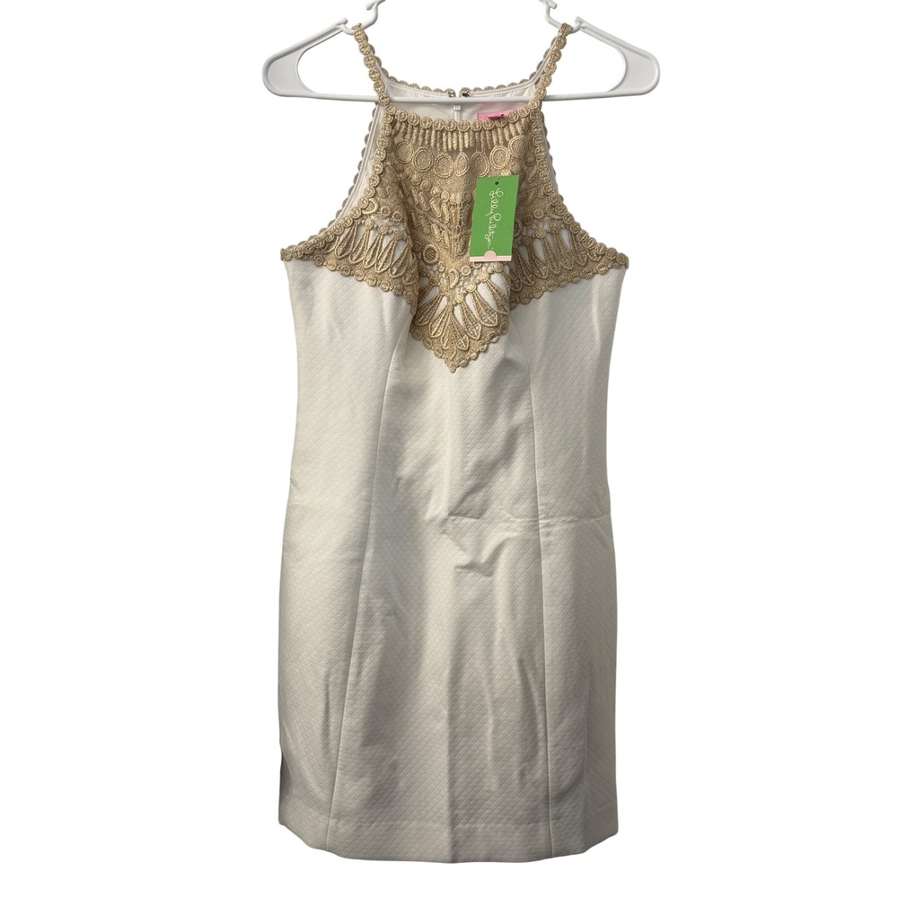 Lilly Pulitzer Pearl Shift Dress Resort White Gold Metallic Embroidery 4 Party